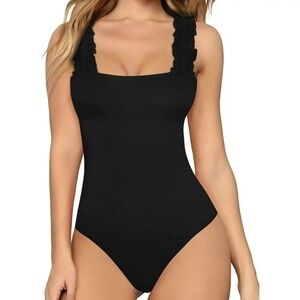 NWT MangoPop Square Neck Ruffle Strap Stretchy Tank Top Bodysuit